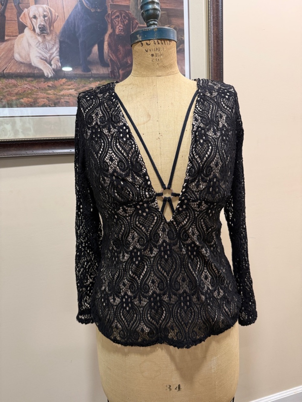 VENUS Black Crochet Overlay Top with Beige Lining